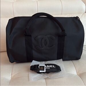 CHANEL GWP Black Nylon Logo Duffel Bag with Removable Strap